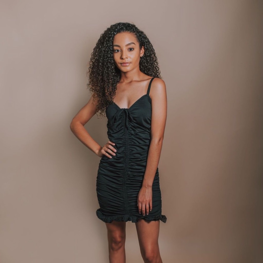 Honey Spaghetti Strap Ruched Mini Dress In Black